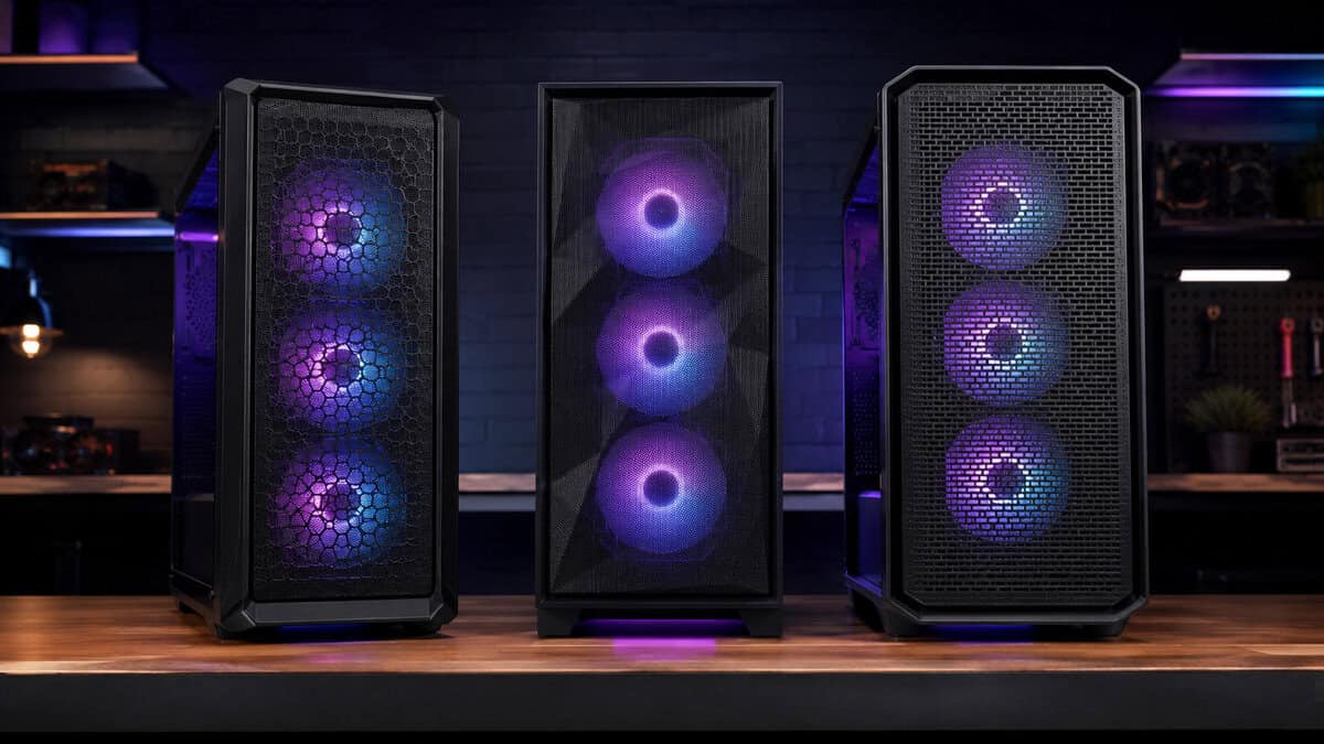 Three mesh front towers lined up on a workbench with RGB fans glowing through the panels, the shortlist for the best airflow PC case