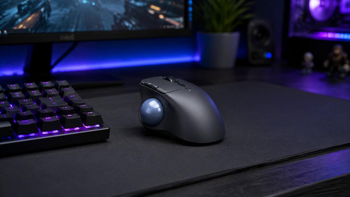 A thumb-operated trackball mouse beside a backlit keyboard with a game on the monitor behind, the easiest shape to switch to when picking the best trackball mouse