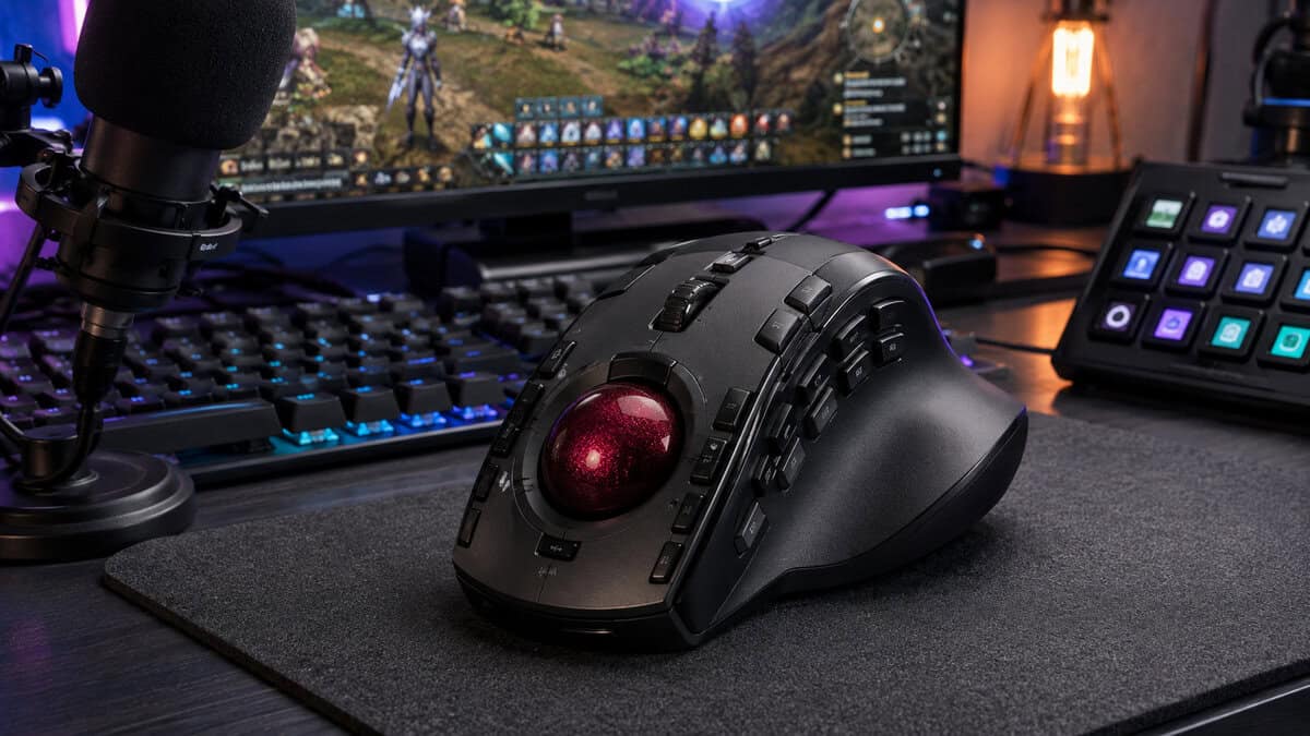 A button-heavy finger-operated trackball with a red ball beside a boom mic and stream controller, the macro-friendly end of the best trackball mouse range