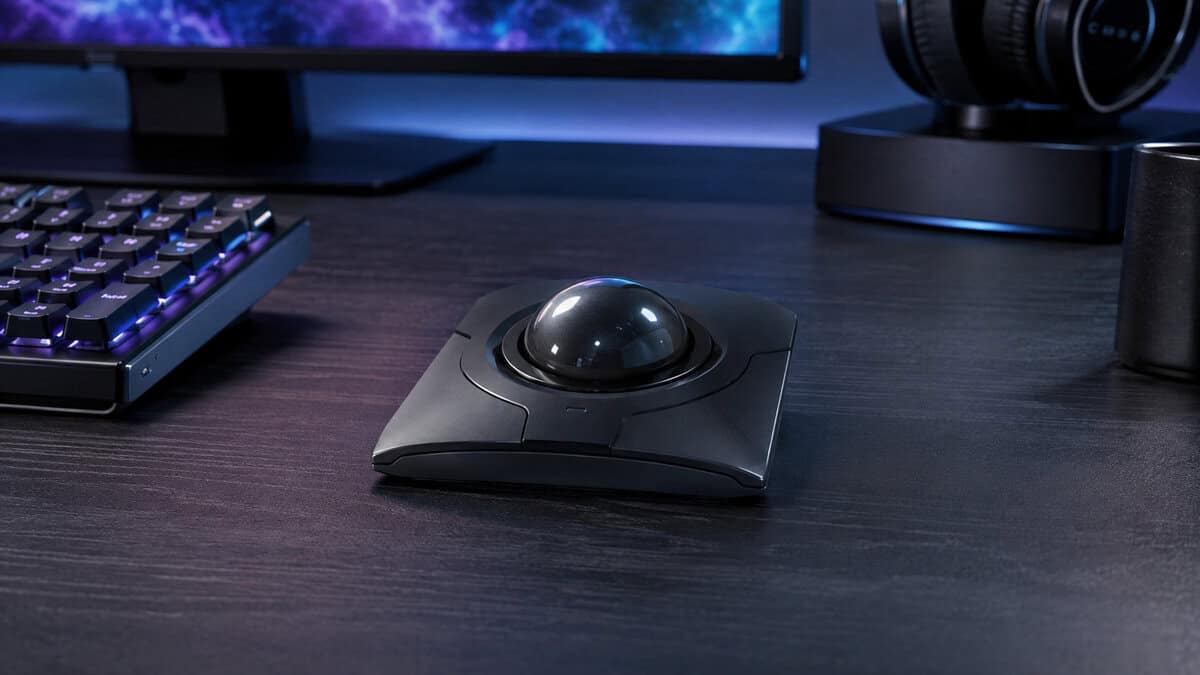 A flat ambidextrous trackball with a large centred ball on a dark wood desk, the either-handed design worth considering in any best trackball mouse shortlist