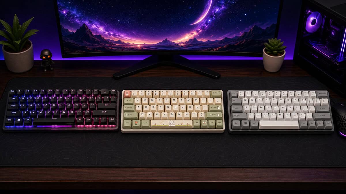 Three compact mechanical keyboards side by side showing the best keycaps options, from black RGB shine-through to a cream and olive set with a novelty spacebar and a grey and white set