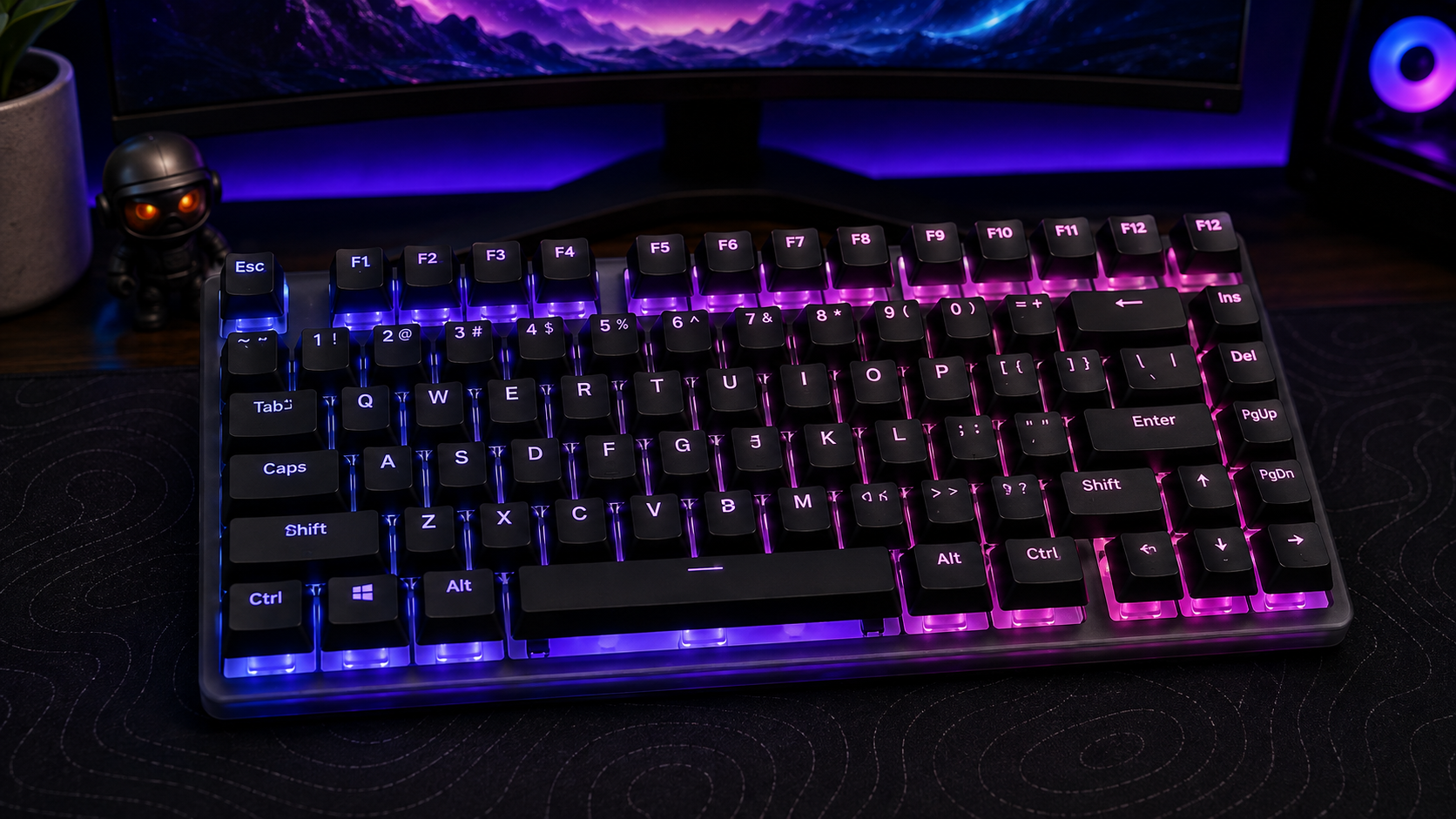 Angled close-up of a tenkeyless keyboard lit blue and pink, showing the sculpted row heights that separate the best keycaps profiles