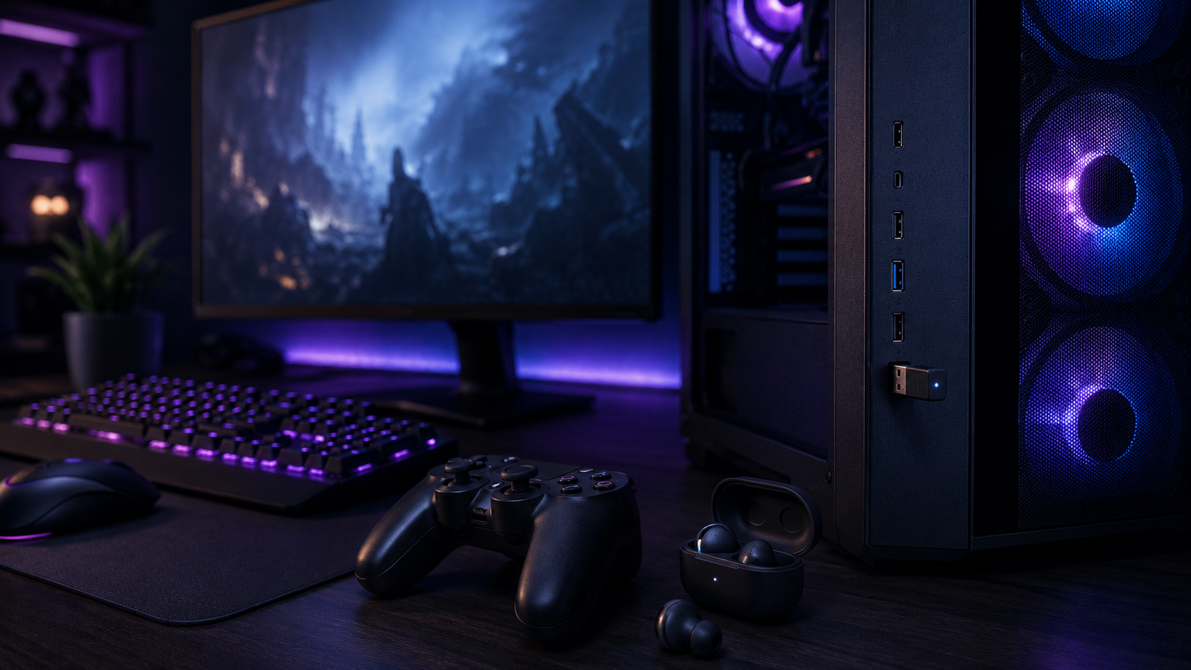 A bluetooth adapter for PC duty glows in the front USB port of a purple RGB tower, with a wireless controller and earbuds waiting on the desk