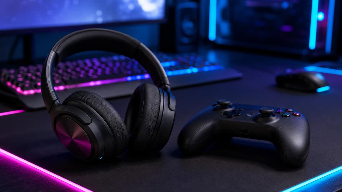 Wireless headphones and a controller resting on an RGB desk mat, the first two devices a bluetooth adapter for PC gets paired