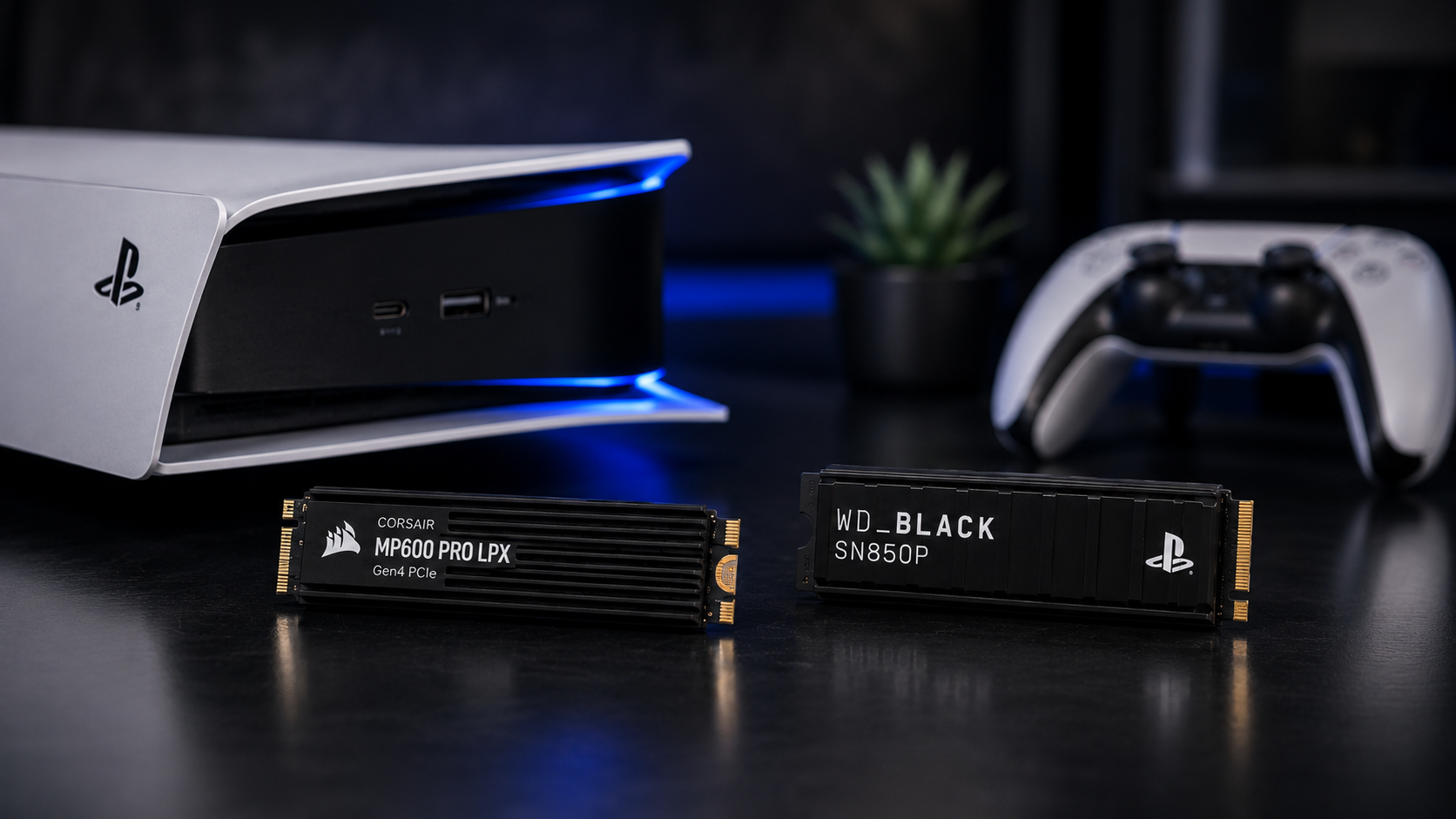Corsair MP600 Pro LPX and WD_BLACK SN850P standing in front of a PS5 console and DualSense, the two best ssd for ps5 picks side by side