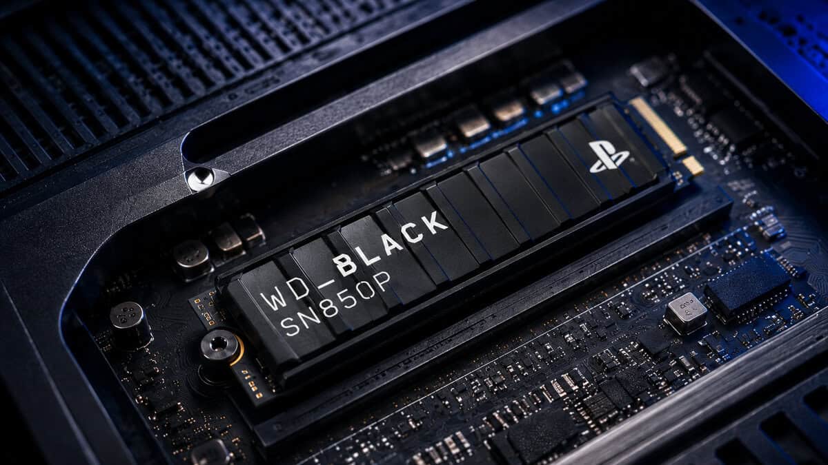 WD_BLACK SN850P with PlayStation branding seated in the PS5 expansion bay, the licensed best ssd for ps5 route installed