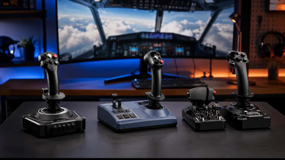 Four flight sticks and a throttle unit lined up on a dark desk, with a cockpit view above the clouds on the curved monitor behind, comparing the hardware covered in this best flight stick guide