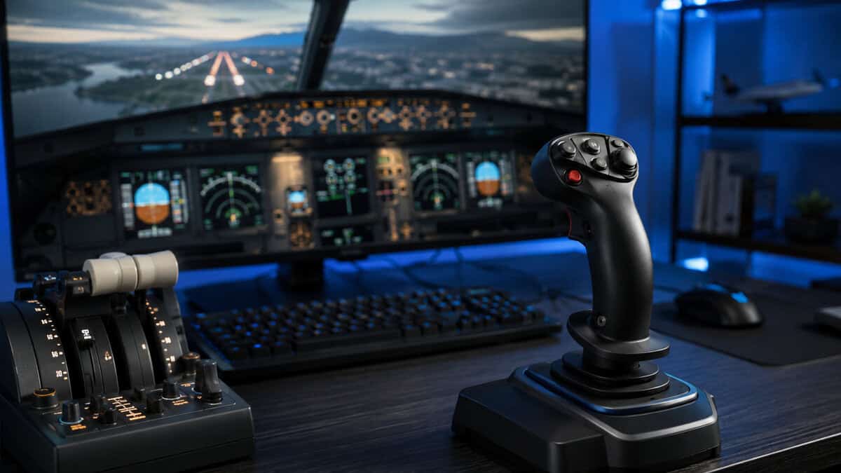 Close-up of a joystick beside a twin-lever throttle quadrant on a dark wood desk, an airliner cockpit lined up on final approach behind it, the kind of flying a best flight stick is built for