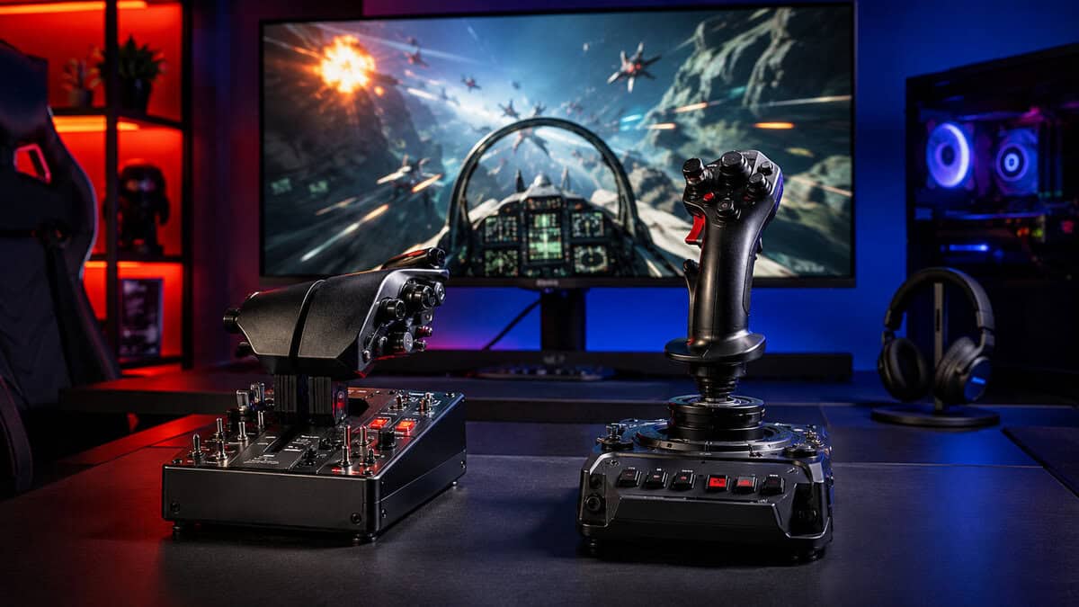 A throttle unit paired with a tall black joystick in a two-handed HOTAS layout, a space dogfight playing on the monitor behind, showing what a best flight stick bundle adds for combat sims