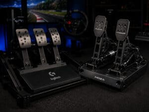 A Logitech G three-pedal set beside a MOZA two-pedal set on a rig floor plate, a wheel and track view behind them, the two options compared in this best sim racing pedals guide