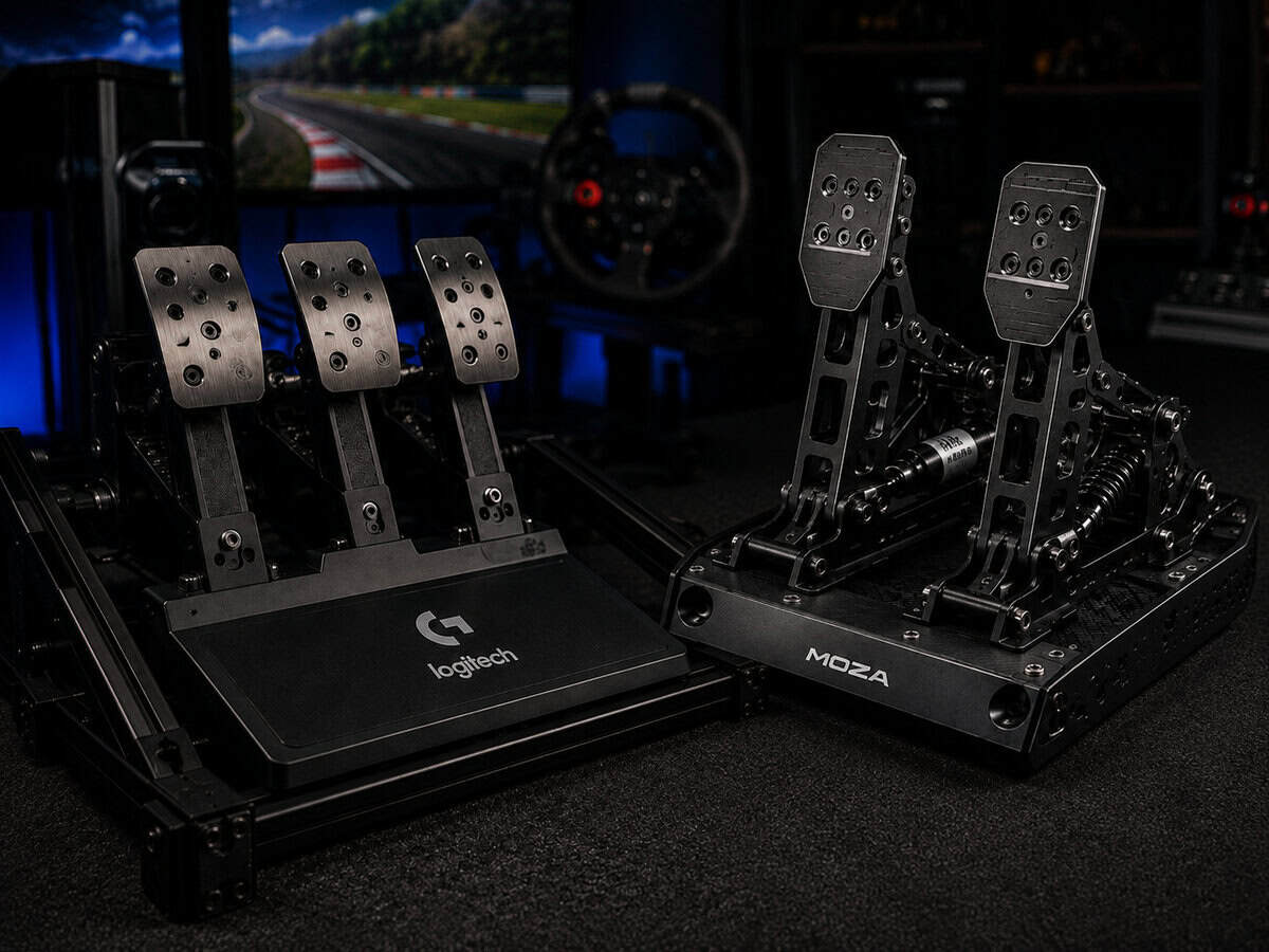 A Logitech G three-pedal set beside a MOZA two-pedal set on a rig floor plate, a wheel and track view behind them, the two options compared in this best sim racing pedals guide