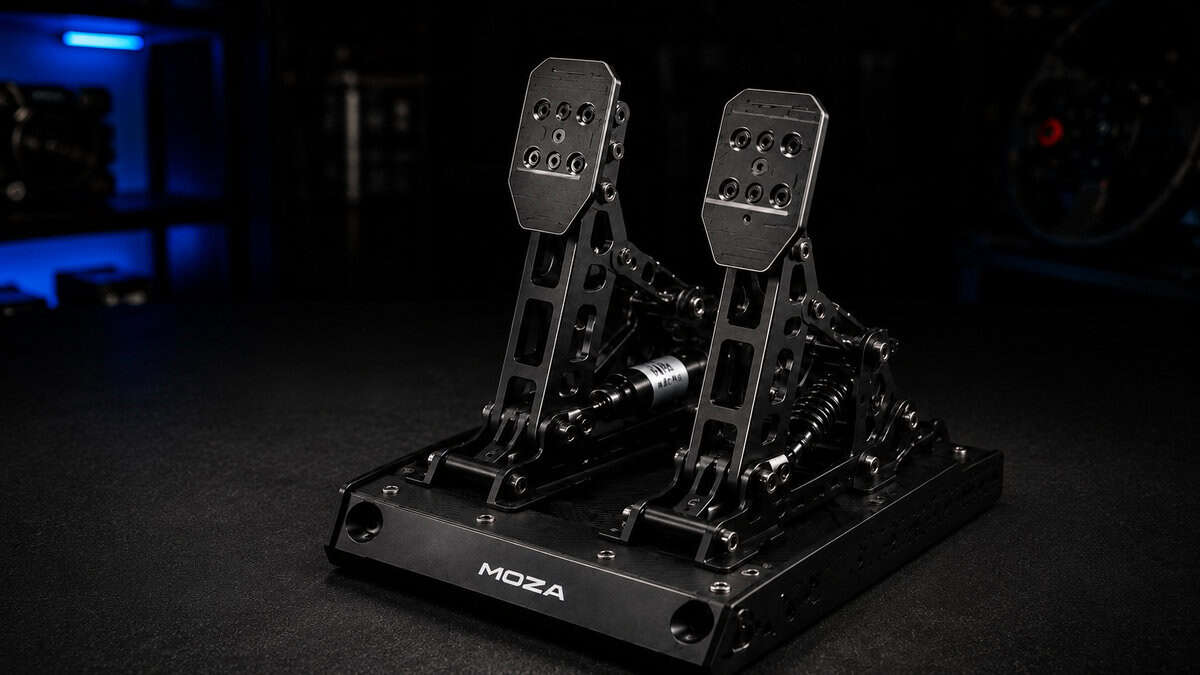 Close-up of the MOZA two-pedal set showing its exposed damper linkage and machined aluminium frame, the step-up build among the best sim racing pedals