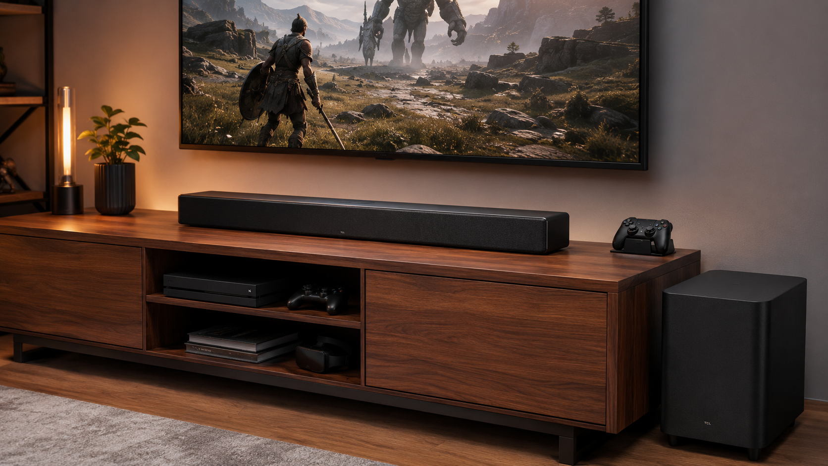 Living room setup with a soundbar on a walnut media unit below a wall-mounted TV and a separate subwoofer on the floor, the best gaming soundbar arrangement for console play from a sofa