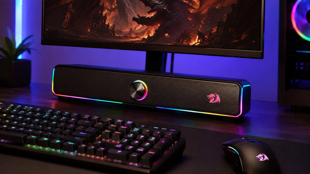 Compact RGB soundbar with a central volume knob tucked under a gaming monitor, the best gaming soundbar layout for a desk, flanked by a matching backlit keyboard and mouse