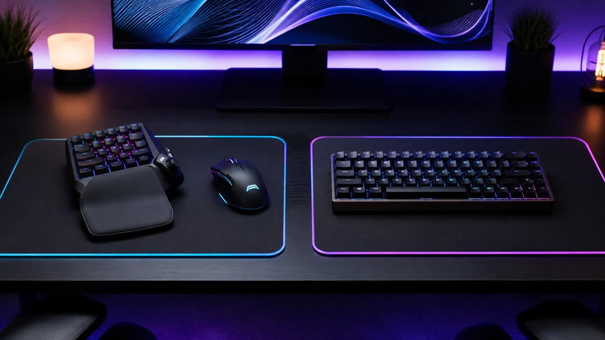 A gaming keypad and mouse on one desk mat beside a compact keyboard on another, the two setups this choice comes down to