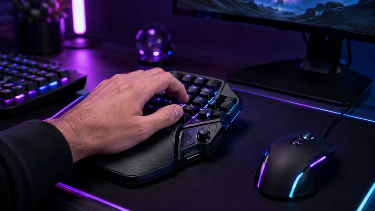 A left hand rests on a gaming keypad beside an RGB mouse, with the full keyboard pushed back out of the fight