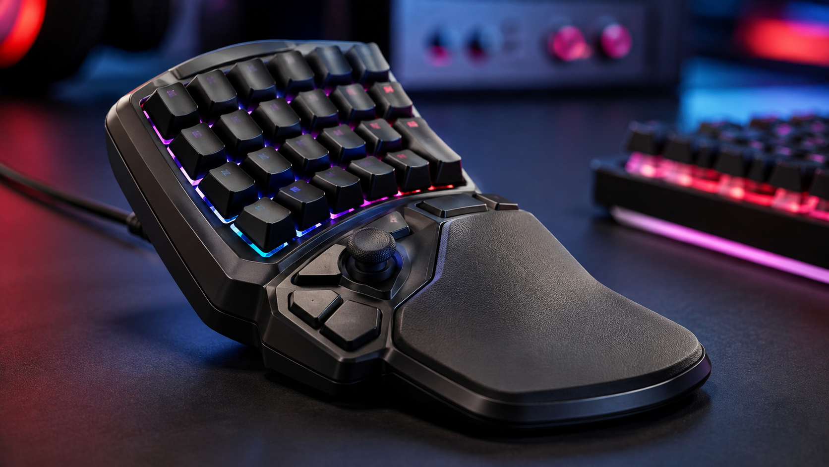 Sculpted gaming keypad close-up showing the thumb pad and cushioned palm rest that define the one-handed shape