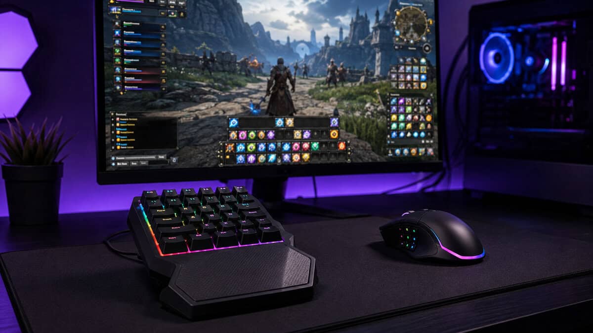 A gaming keypad set in front of a hotbar-heavy MMO screen, the genre where one-handed binds pay off most