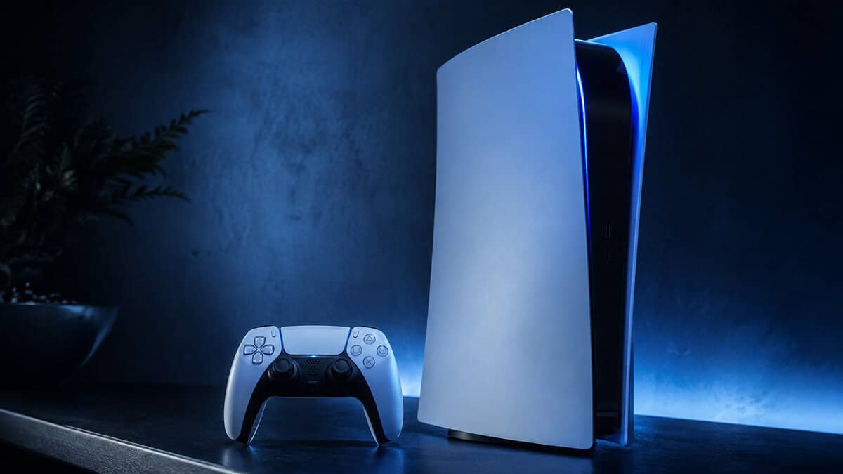 White DualSense beside a PS5 console in moody blue light, the one platform where the best hall effect controller search hits a wall