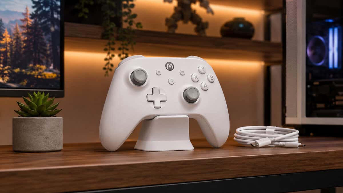 White controller resting on a charging stand beside a neatly coiled cable, the storage habit that keeps the best hall effect controller healthy