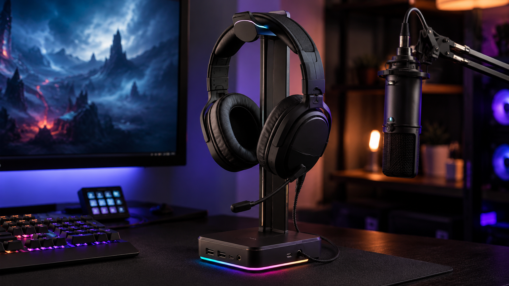 Wired headset on an illuminated stand with USB ports and a 3.5mm jack in the base, the best headset stand choice for a streaming desk with a boom mic