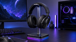 Over-ear headset resting on an RGB-lit stand with USB ports built into the base, showing what the best headset stand adds beyond simple storage