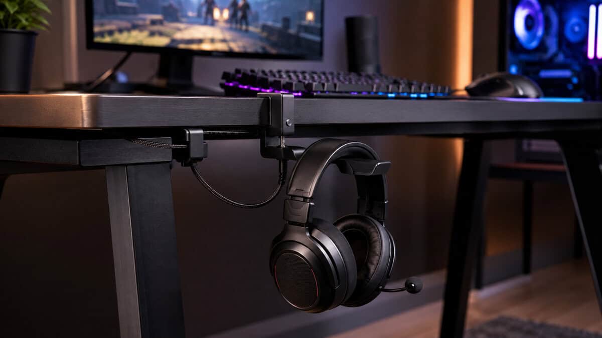 Clamp-on hook mounted under a desk edge holding a headset by its headband, the best headset stand option when desk surface is the real constraint