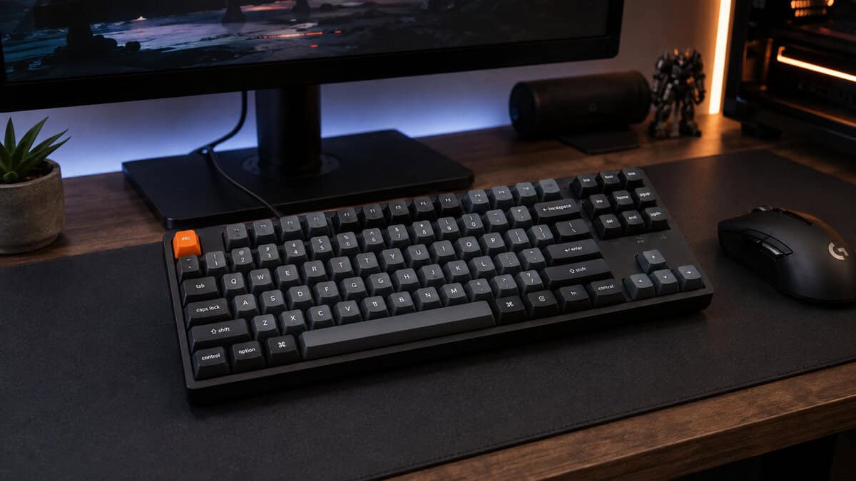 Understanding what is N key rollover starts with boards like this Keychron tenkeyless with its orange Esc key, set under a monitor beside a wireless mouse
