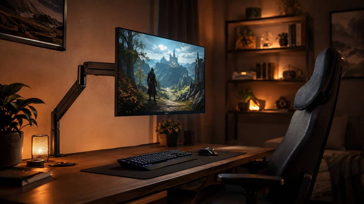 Arm-mounted screen at eye level in a warm lamp-lit room, the long-session comfort side of choosing the best MMO monitor