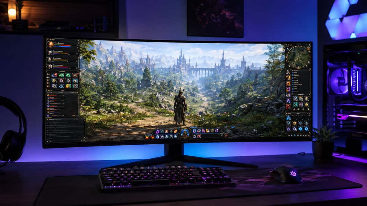 An ultrawide screen makes the case for the best MMO monitor giving interface panels their own space, with chat and trackers docked at the edges