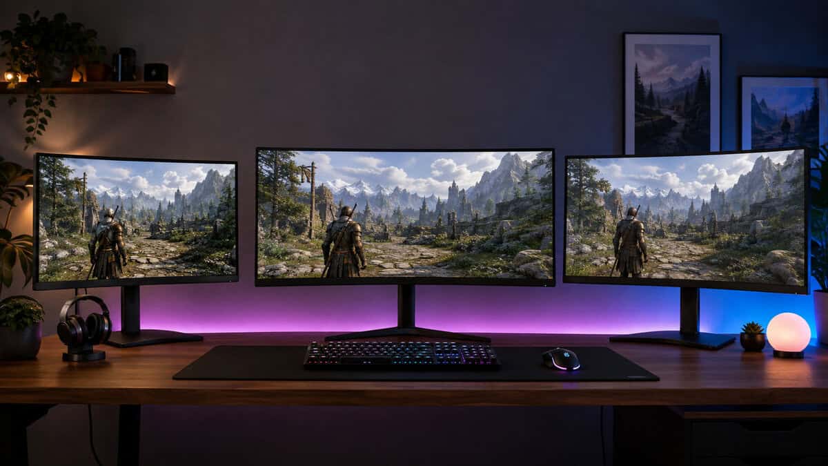 Three monitors of different shapes lined up on one desk, showing how the best MMO monitor question splits between flat, wide, and curved panels