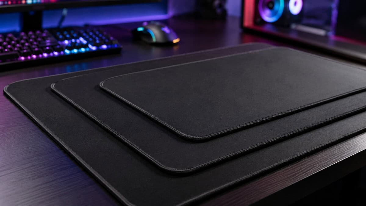 Three black cloth pads stacked to compare sizes and stitched edges, the shortlist for the best MMO mousepad