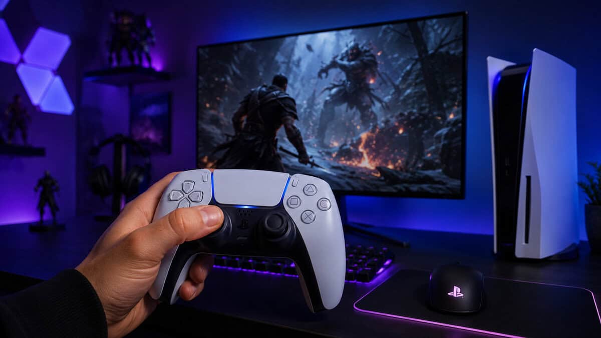 First-person view of a hand holding a white DualSense in front of a monitor and PS5 console, the starting point for choosing the best PS5 controller