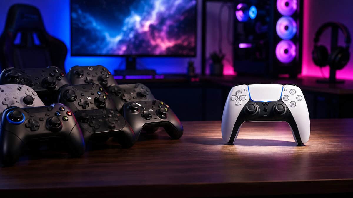 A single spotlit DualSense standing apart from a pile of generic dark gamepads, showing why the best PS5 controller field is smaller than it looks