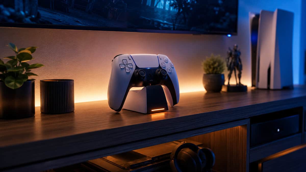 White DualSense seated in a glowing charging dock on a media shelf beside a PS5, the habit that keeps the best PS5 controller ready to play
