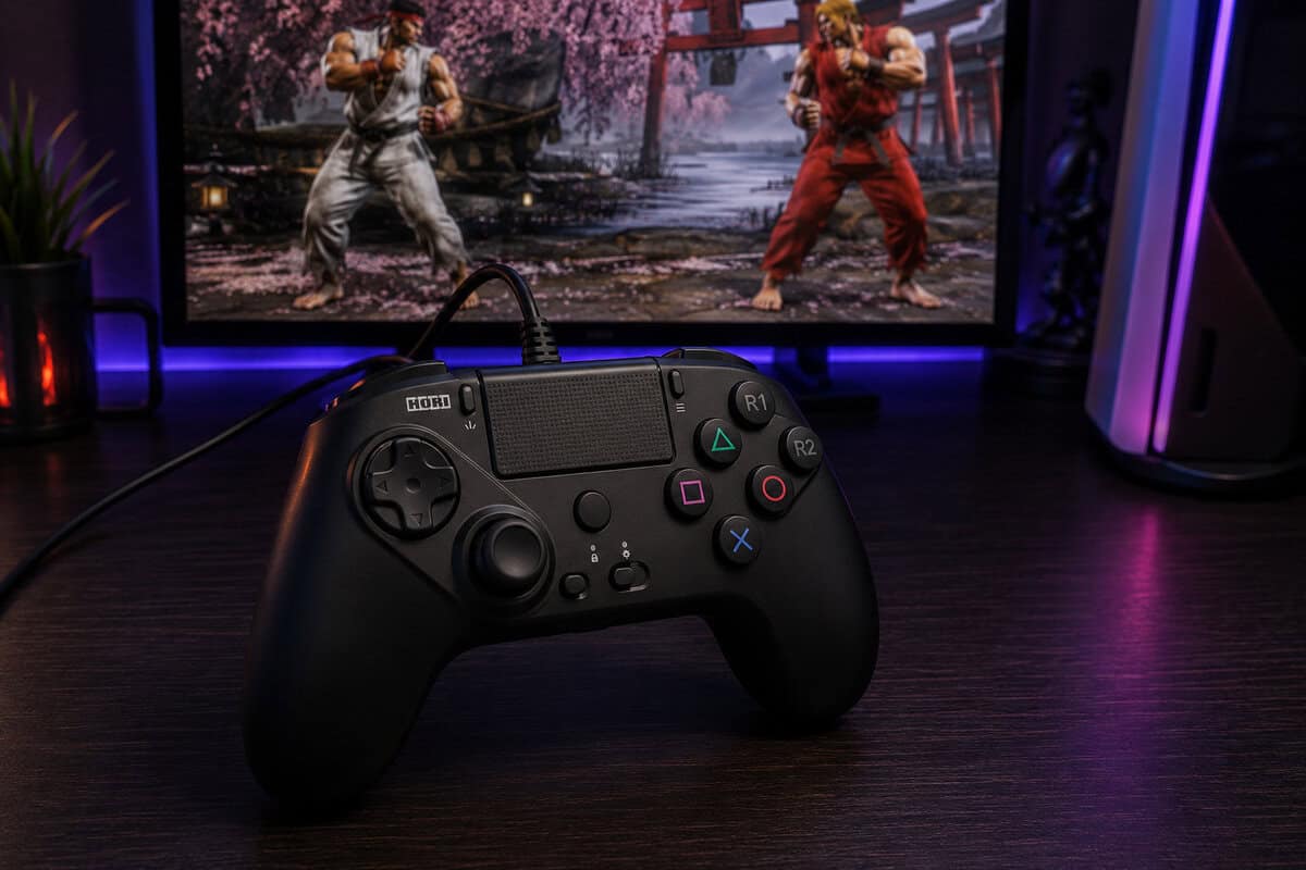 Black wired HORI Fighting Commander OCTA with six face buttons set before a fighting game, the specialist among the best PS5 controller picks