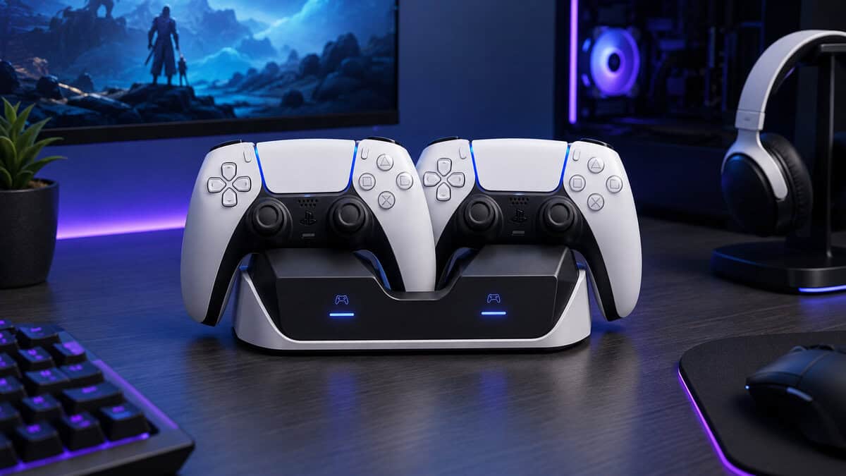 Two DualSense pads docked side by side in a twin PS5 controller charging station with blue indicator lights on a gaming desk