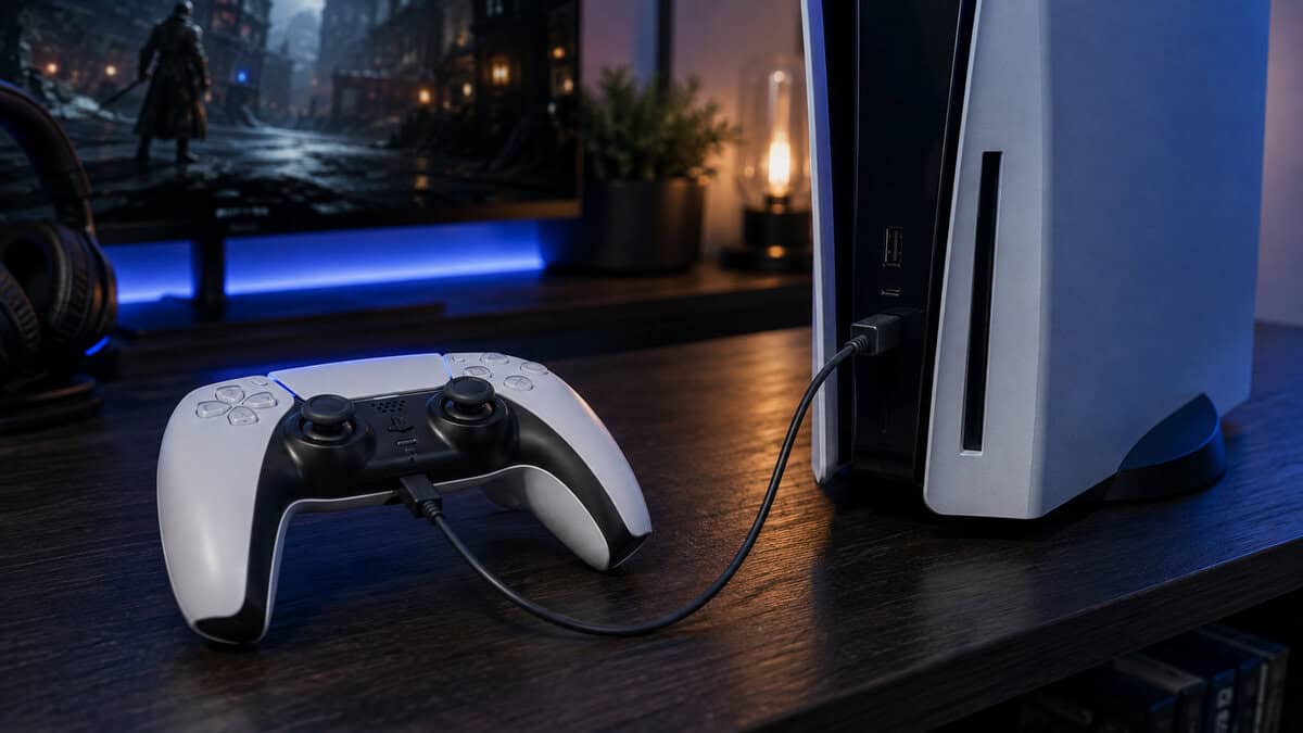 DualSense charging over a USB cable plugged into the console front port, the nightly routine a PS5 controller charging station replaces