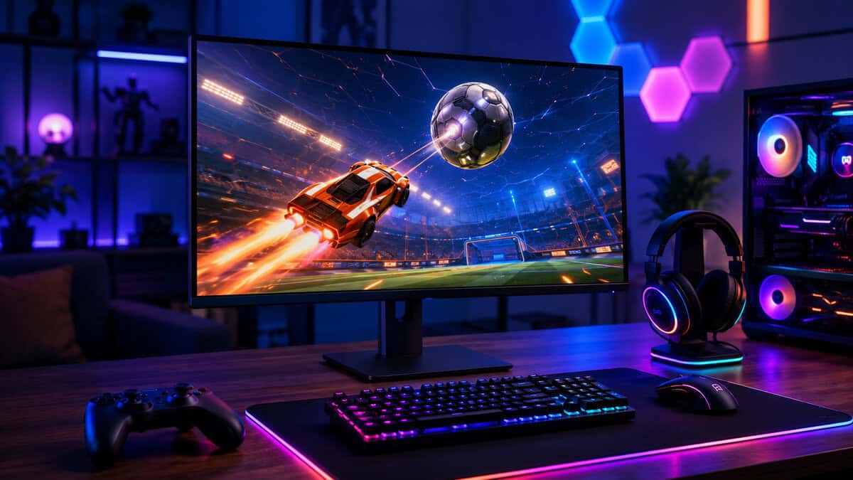 RGB gaming desk with a rocket-powered car soaring toward the ball on screen, the kind of setup the best monitor for Rocket League belongs on
