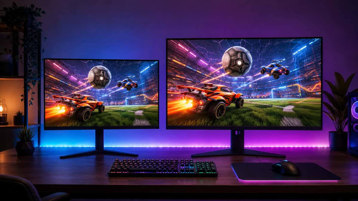 A 24-inch and a 27-inch gaming display side by side on an RGB desk, comparing the two sizes that dominate the best monitor for Rocket League field