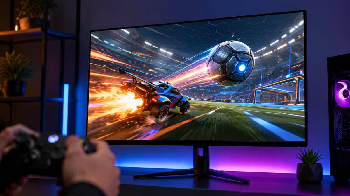 Player gripping a controller in front of a fast aerial play with motion streaks, the speed test the best monitor for Rocket League has to pass