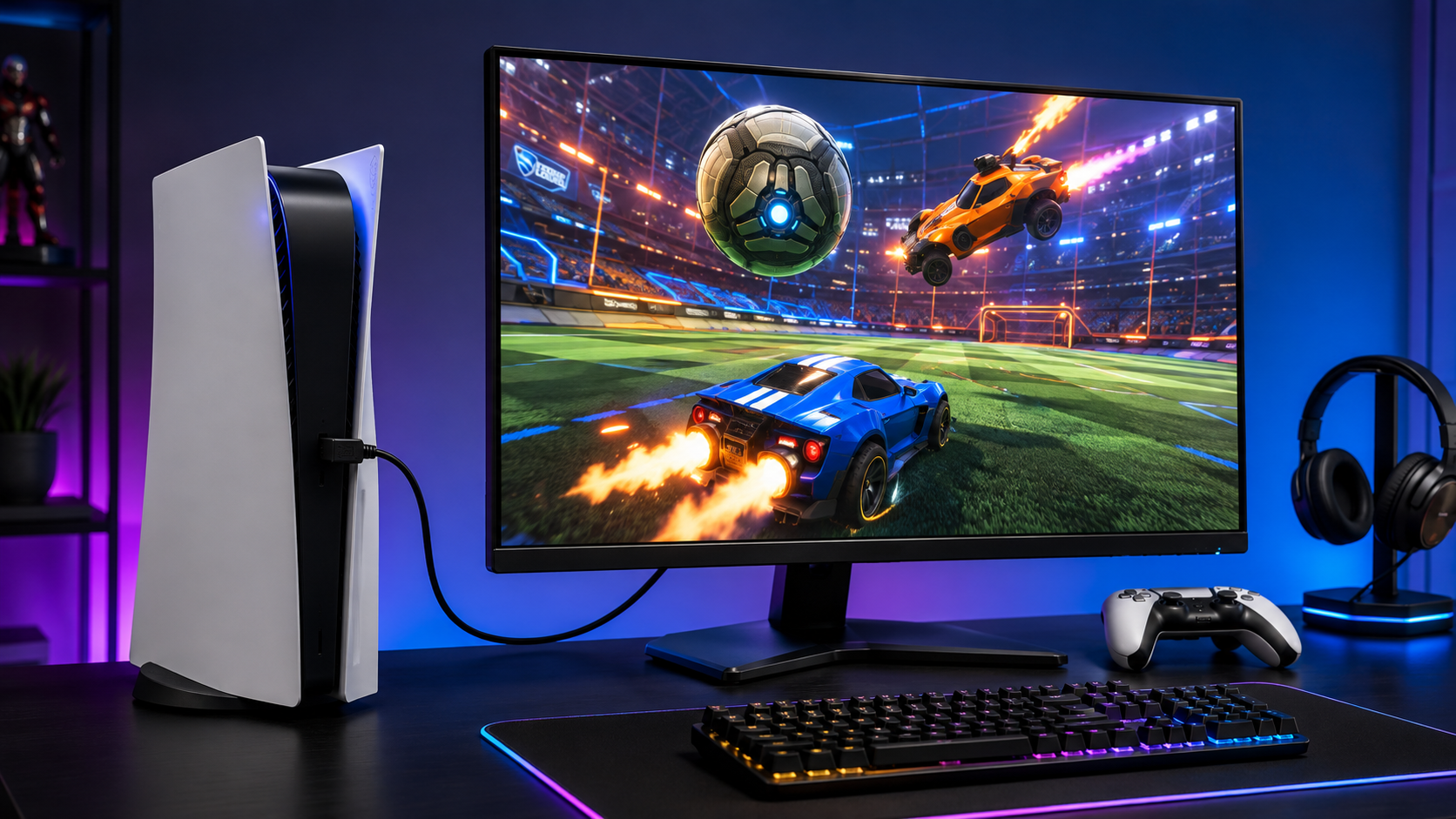 White PS5 console cabled to a gaming display with a DualSense controller on the desk, pairing a console with the best monitor for Rocket League