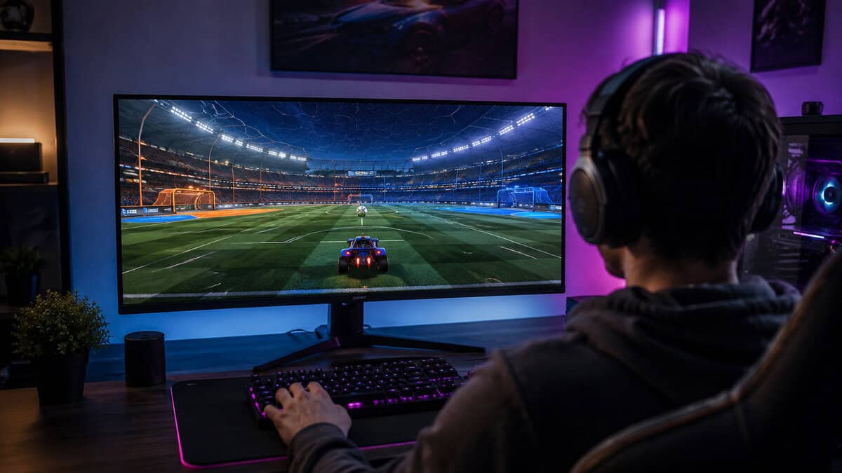 Over-the-shoulder view of a gamer scanning the whole field at wide camera FOV, a view the best monitor for Rocket League keeps readable at speed