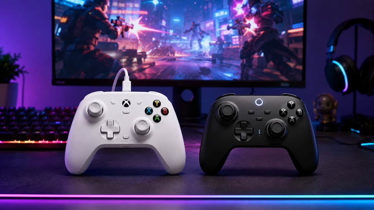 White wired and black wireless controllers side by side in front of a shooter, the two picks that settle tmr vs hall effect