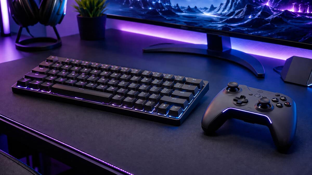 Low-profile magnetic gaming keyboard next to a wireless controller on a dark desk, the keyboard side of the tmr vs hall effect debate
