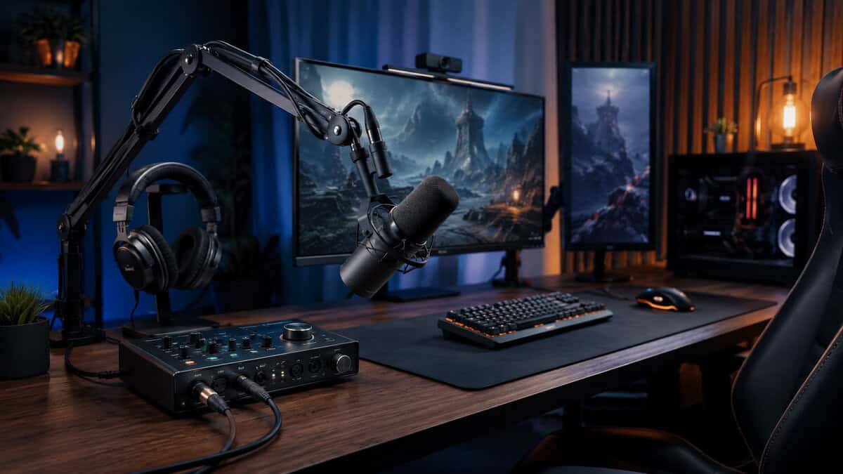Streaming corner that shows what is an XLR microphone chain in full: broadcast mic on a boom arm, mixer-style interface, headphones on a stand, and an ultrawide monitor with a webcam