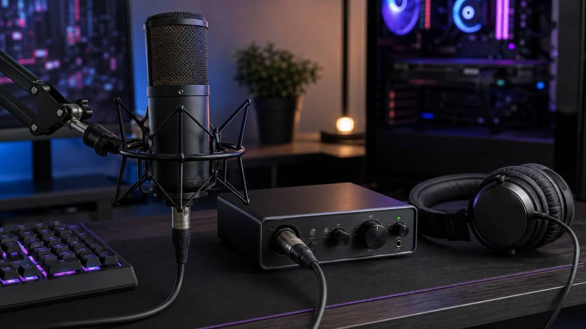 Close-up answering what is an XLR microphone hookup: a condenser mic in a shock mount with its XLR cable running into a compact interface next to closed-back headphones