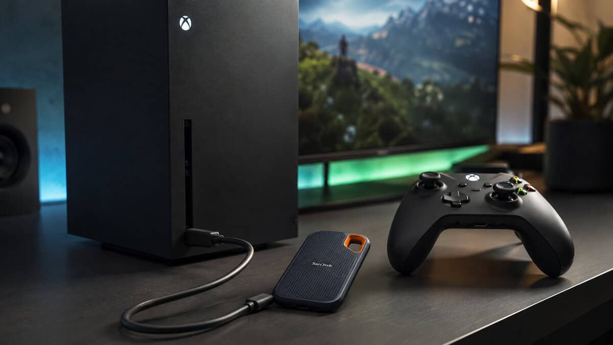 Compact navy portable SSD with an orange loop cabled to an Xbox Series X, the classic best external SSD for Xbox Series X choice when transfer speed is the priority