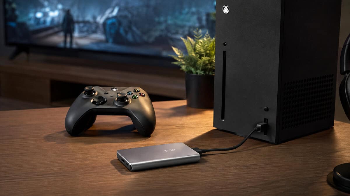 Slim aluminium portable SSD connected to the rear of an Xbox Series X on a wooden desk, the low-profile shape a best external SSD for Xbox Series X needs to shed heat