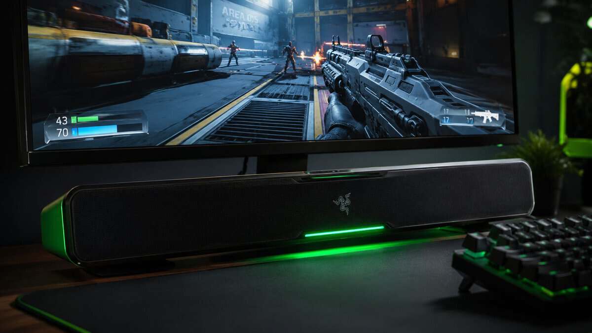 Slim soundbar with green underglow beneath a monitor running an FPS match, showing how the best gaming soundbar fits a near-field desk setup